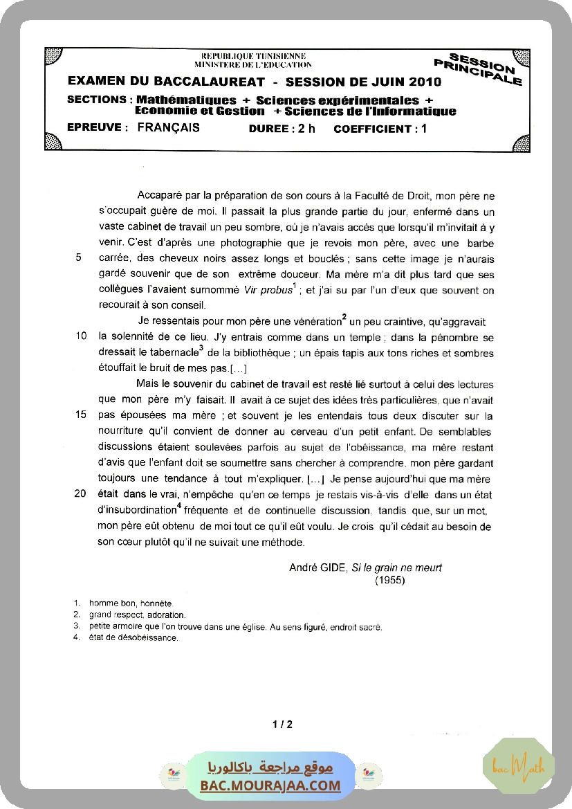 Sujet principale francais Bac 2010 – Section math